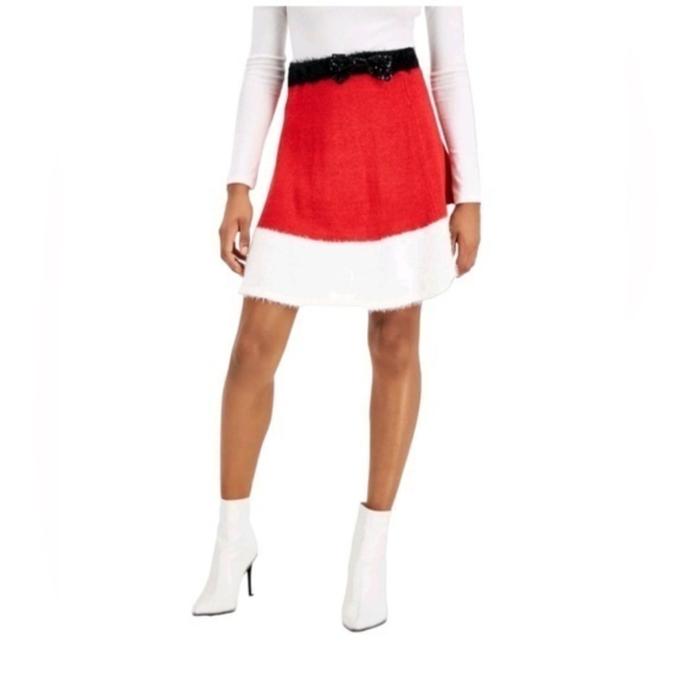 Planet Gold Juniors M Santa Knit Mini Skirt Red Elastic Waist Sequin Bow